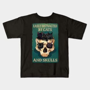 Easily Distracted By Cats And Skulls Skull Cat Lover Kids T-Shirt